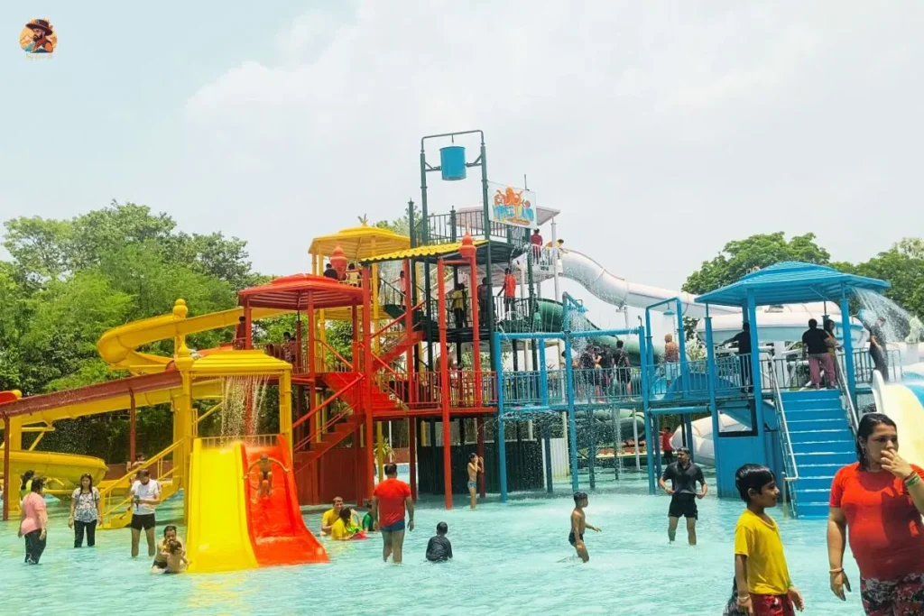 Colorful kids water slides and splash zone at Atlantic Water World