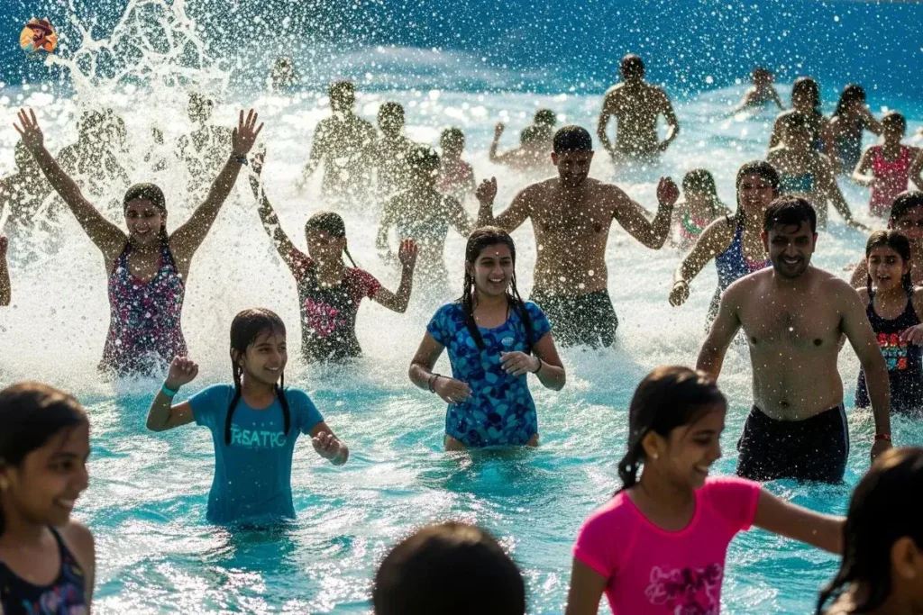 Wave pool crowd dancing at Atlantic Water World during siren blast