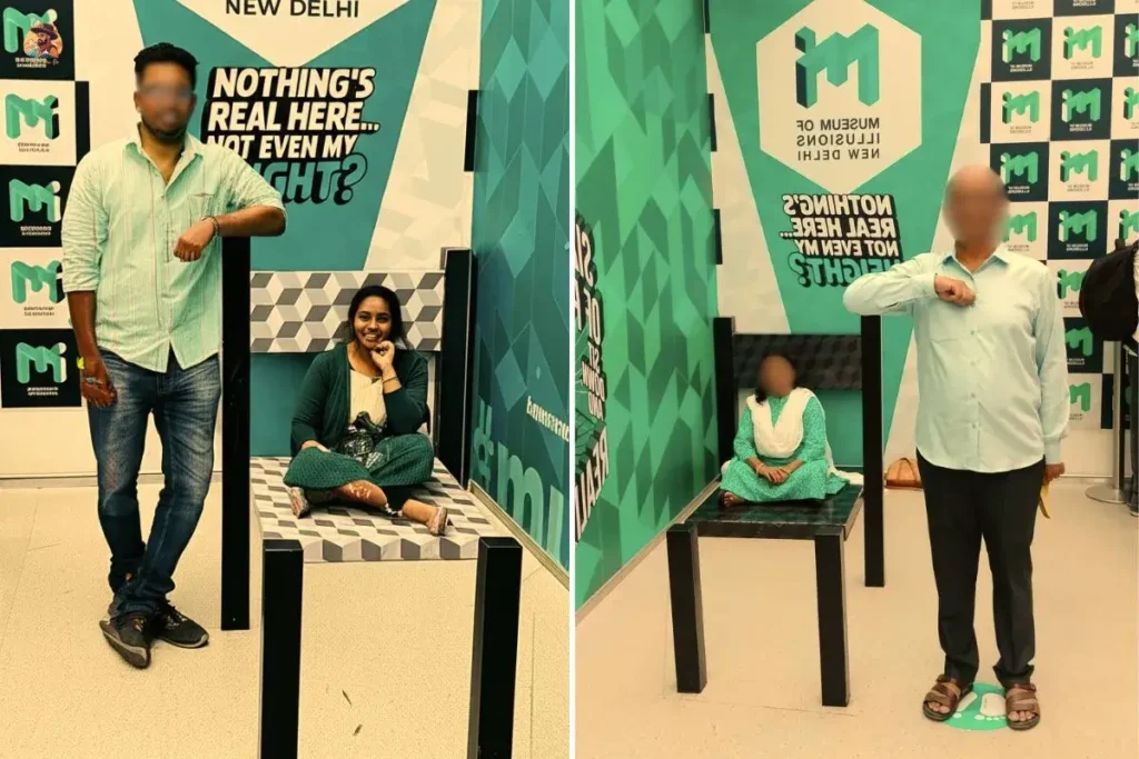 Visitor on Beuchet Chair creating height illusion at Museum of Illusions Delhi