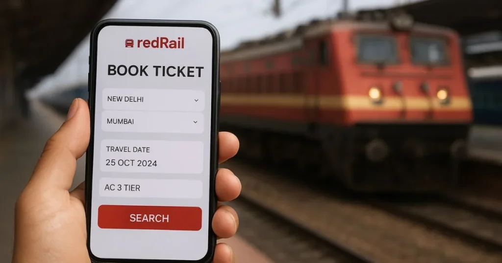 smartphone with redRail app open to book train tickets online at railway station