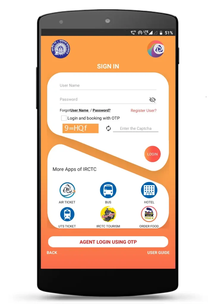 IRCTC mobile app login screen showing Rail Connect features like train booking, flights, buses, hotels, and tourism.