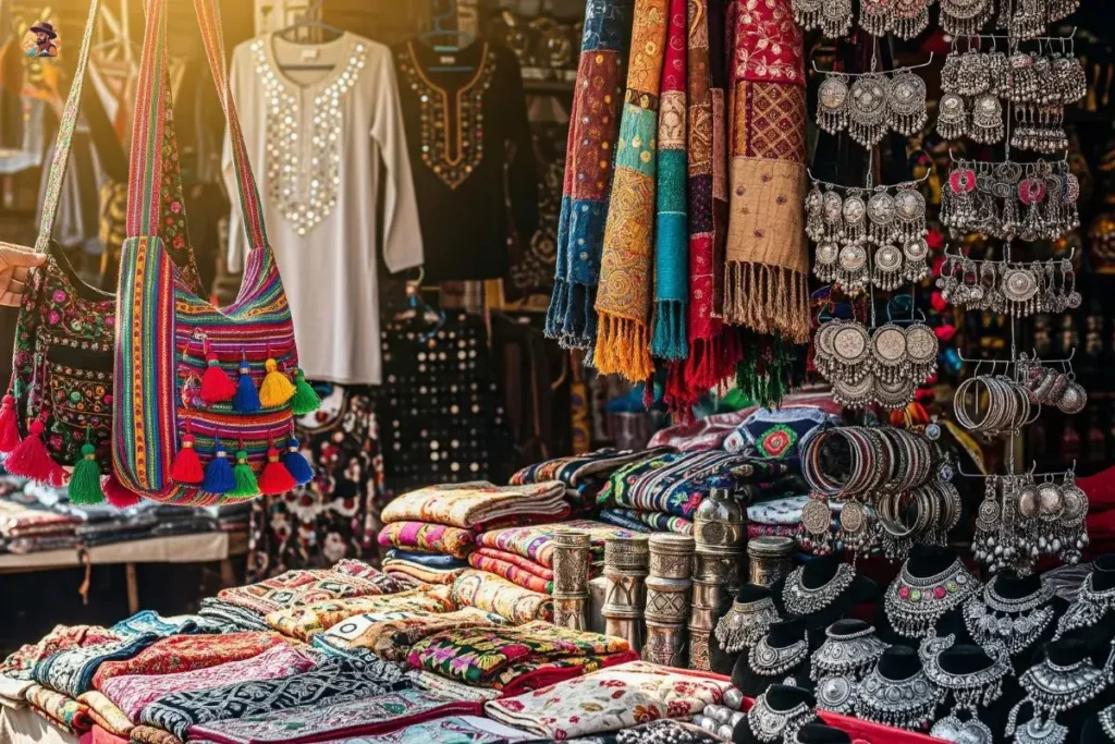 Boho bags, jewellery, and mirror-work kurtis at Janpath Market Delhi