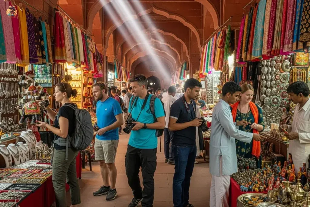 Foreign tourists exploring Meena Bazaar inside Red Fort, shopping for sarees and souvenirs