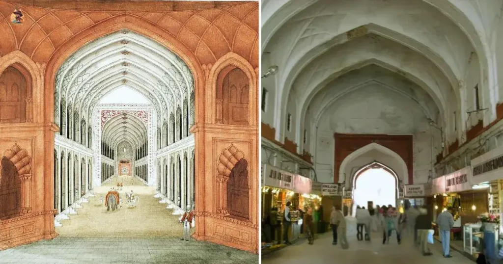 Comparison of Mughal-era illustration of Meena Bazaar and modern-day Chhatta Chowk inside Red Fort Delhi