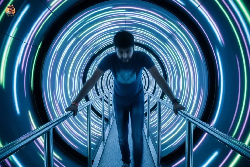 Person holding onto railing in the Vortex Tunnel at Museum of Illusions Delhi.