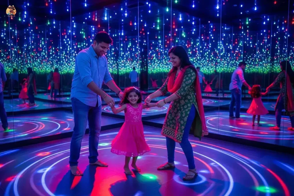 An Indian family spinning in the Colour Room with flickering red, blue, and green lights