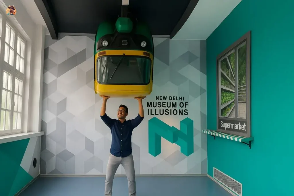 Visitor walking on the ceiling in Rotated Room at Museum of Illusions Delhi