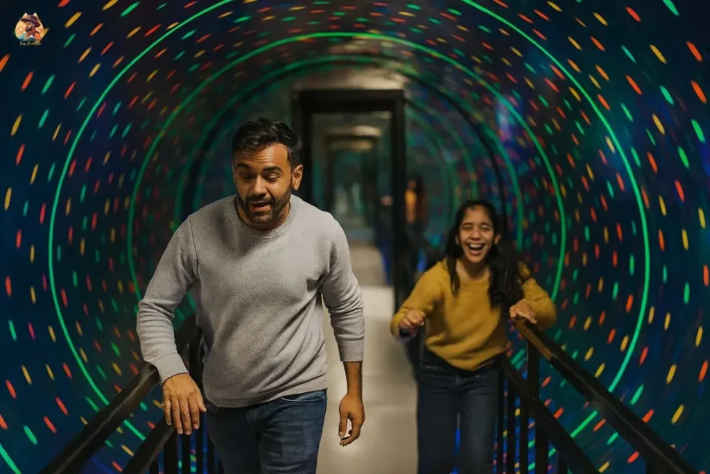Man and girl laughing while walking through the Vortex Tunnel at Museum of Illusions Delhi