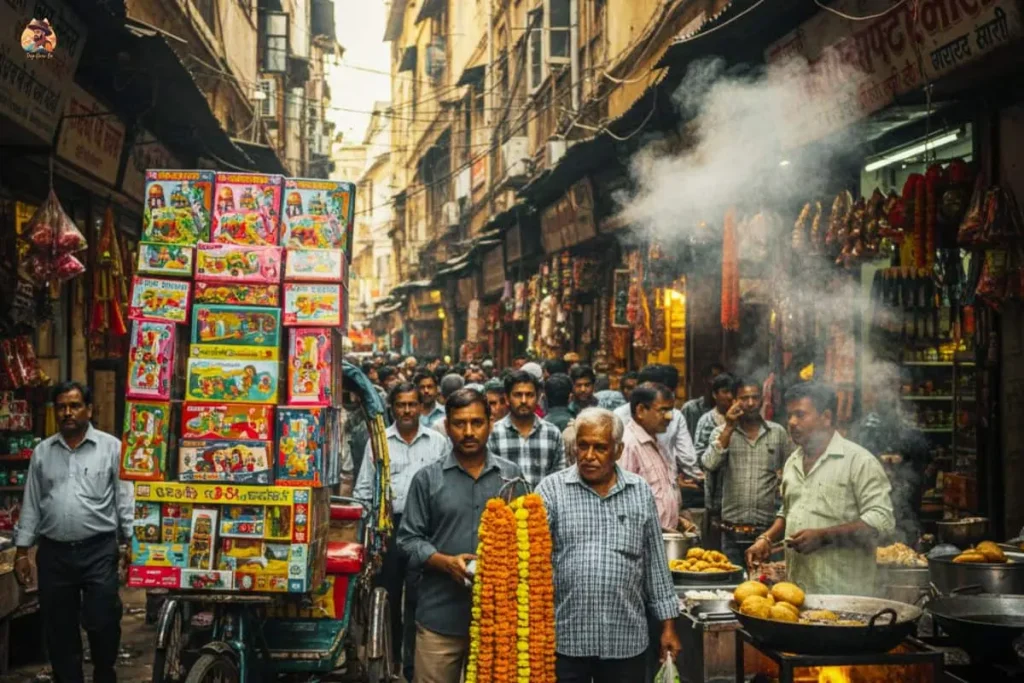 Cycle rickshaw with toy cartons, garland vendor and kachori stall in Sadar Bazaar Delhi