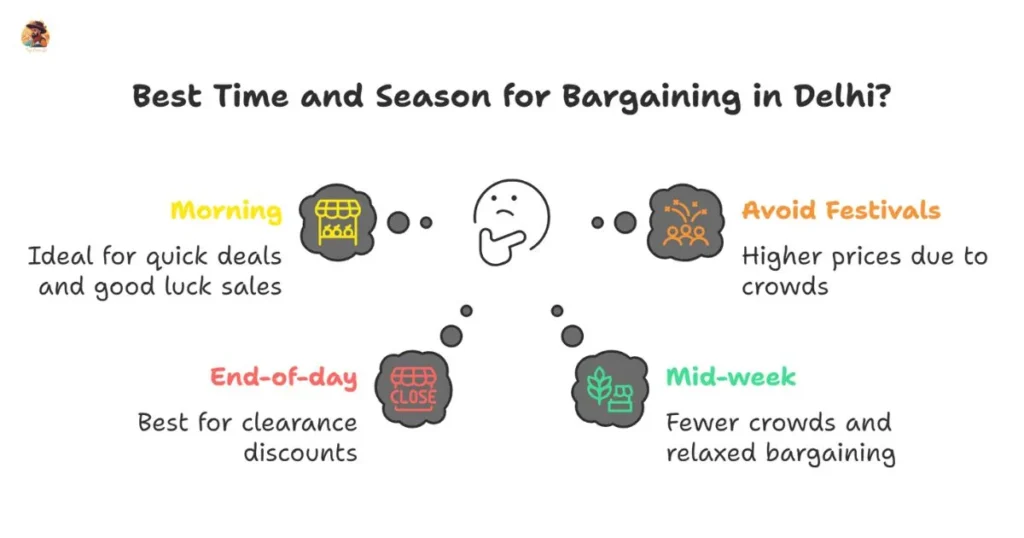 Morning and evening scenes of Delhi market showing best time to bargain