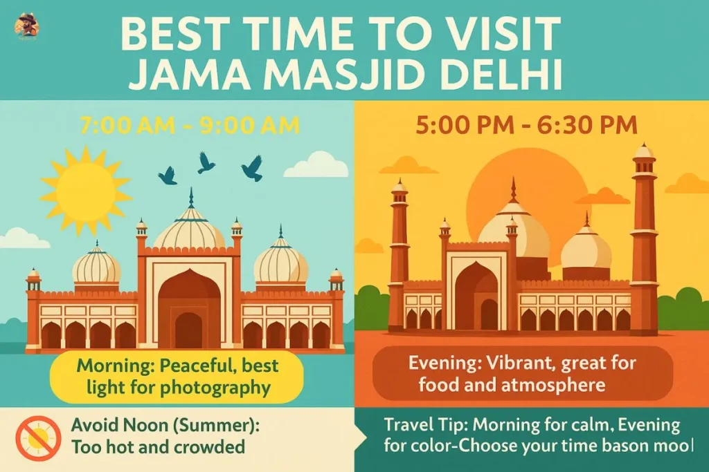Infographic showing best time to visit Jama Masjid Delhi with morning and evening travel tips