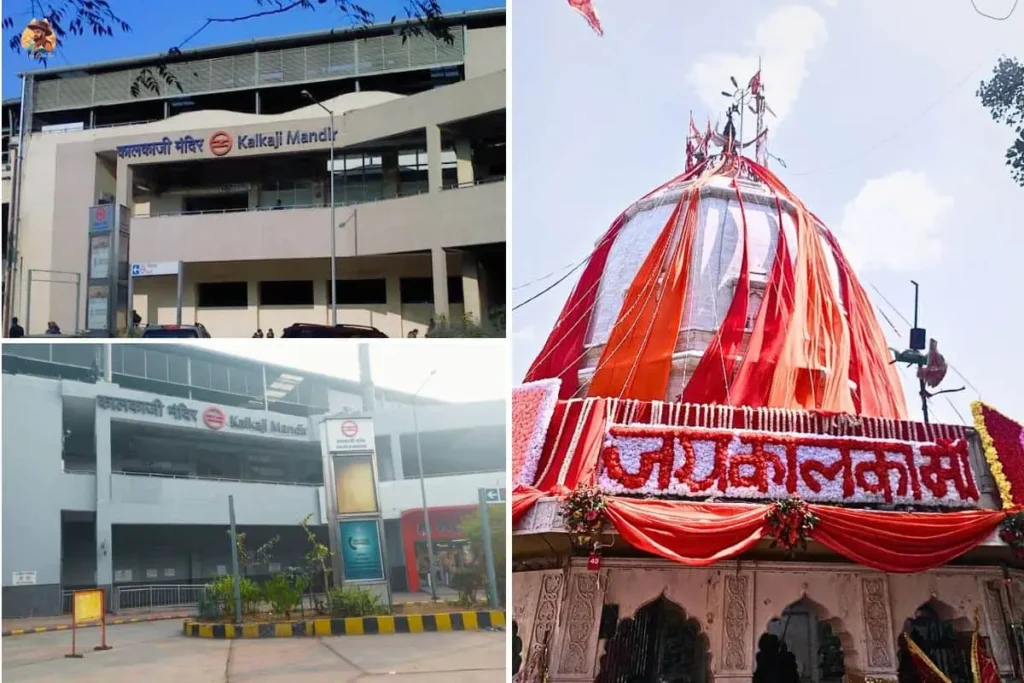 Kalkaji Mandir Metro Station and road lined with flower vendors leading to the temple