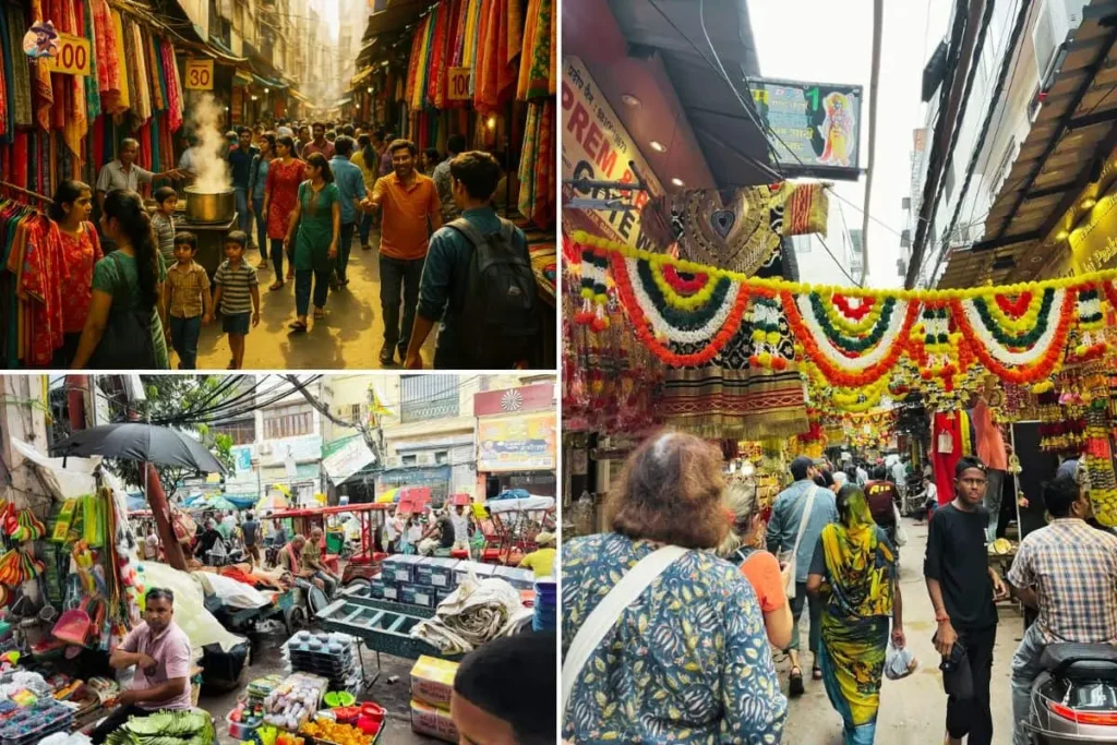 Crowded Delhi street market with colorful fabrics and shoppers