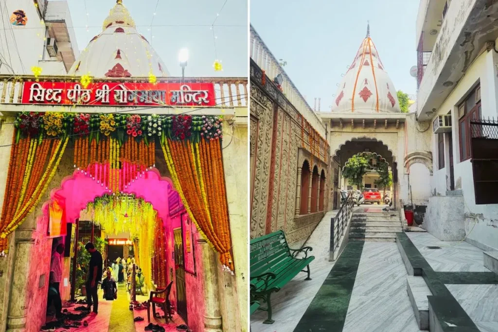 Entrance of Yogmaya Temple Mehrauli with devotees walking through narrow lanes near Qutub Minar