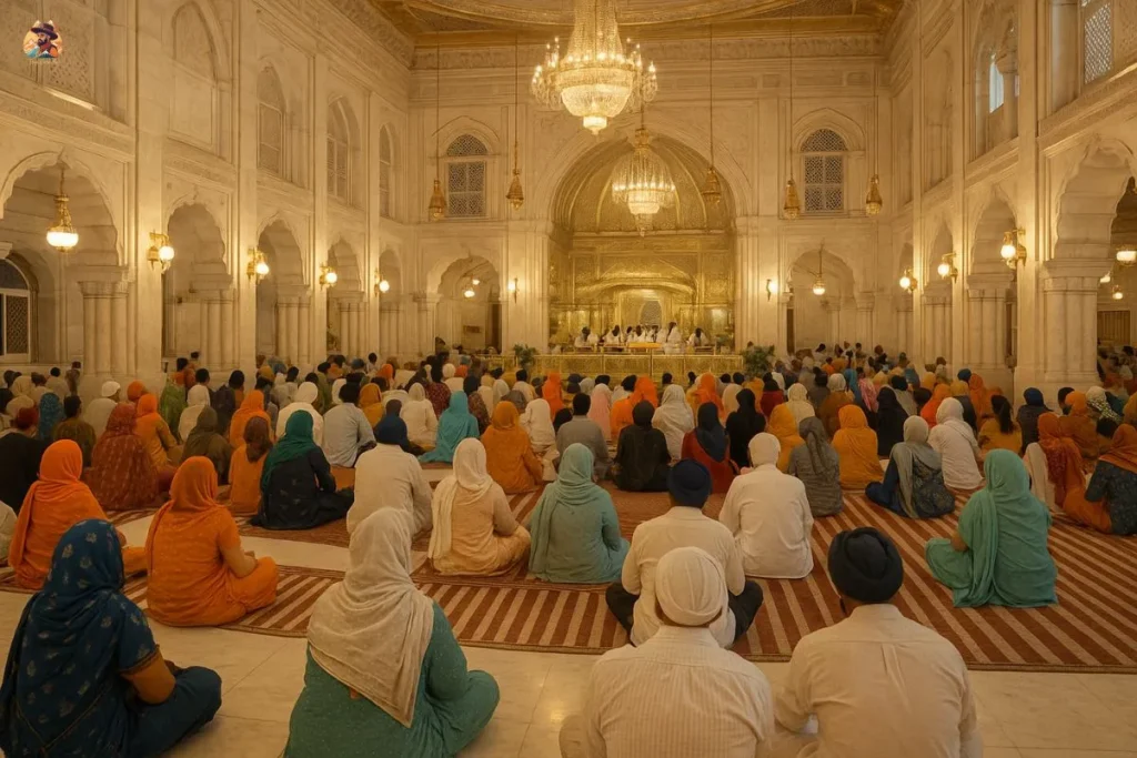Devotees praying inside Gurudwara Sis Ganj Sahib Delhi during live kirtan