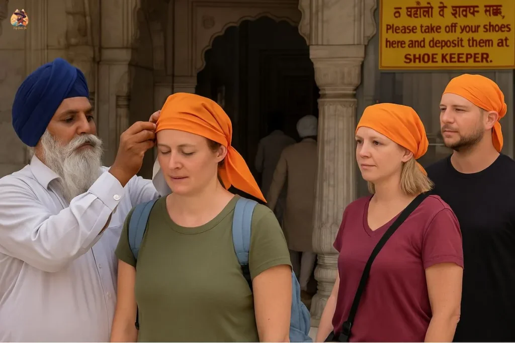 Foreign tourists visiting Gurudwara Sis Ganj Sahib Delhi with head covered