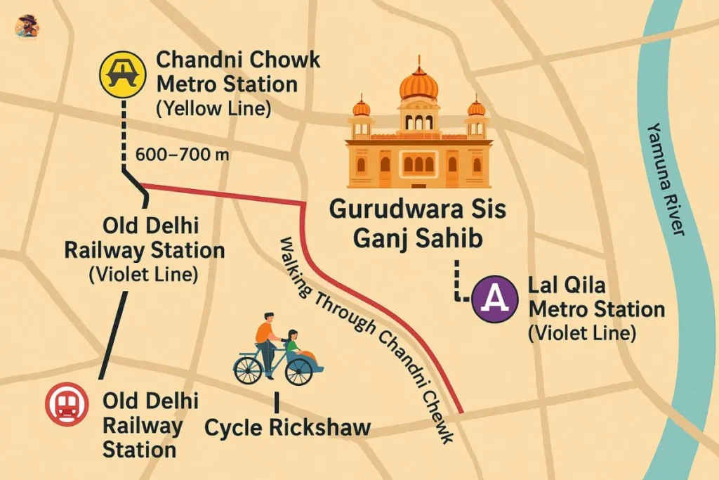 How to reach Gurudwara Sis Ganj Sahib Delhi map showing metro and routes