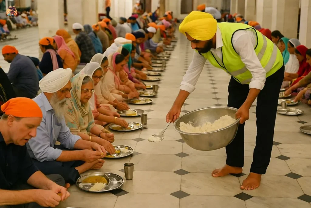 Devotees eating langar at Gurudwara Sis Ganj Sahib Delhi