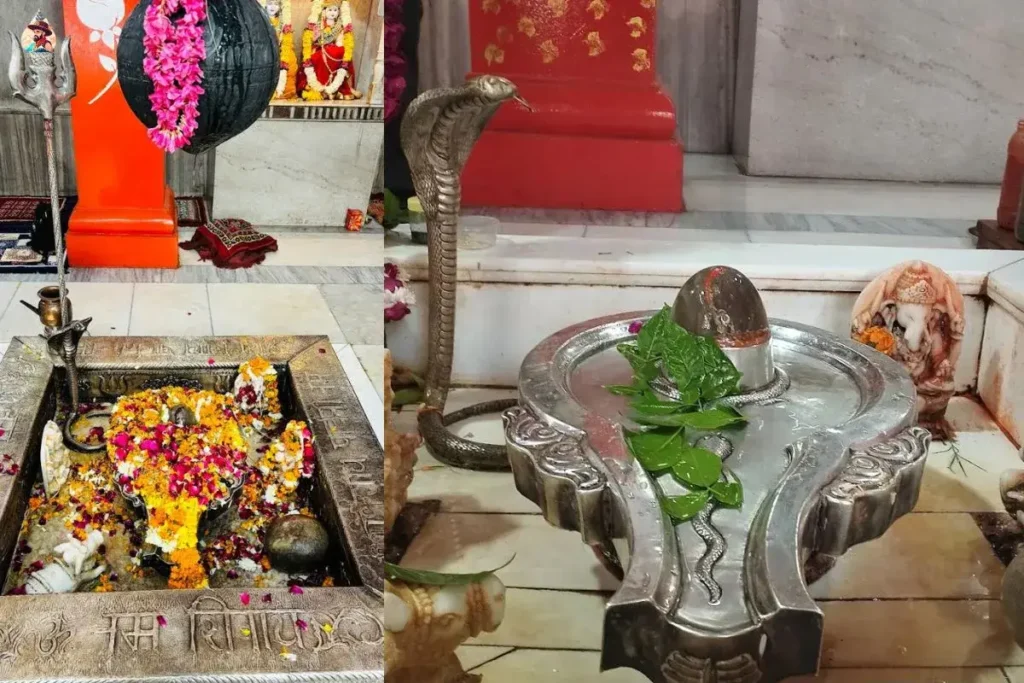 Devotees walking in Neeli Chhatri Mandir courtyard with glowing diyas and temple arches
