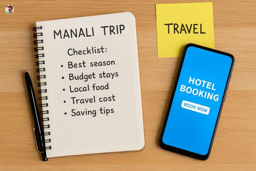 Travel planning setup with a notebook checklist, pen, and phone showing hotel booking for a Manali trip