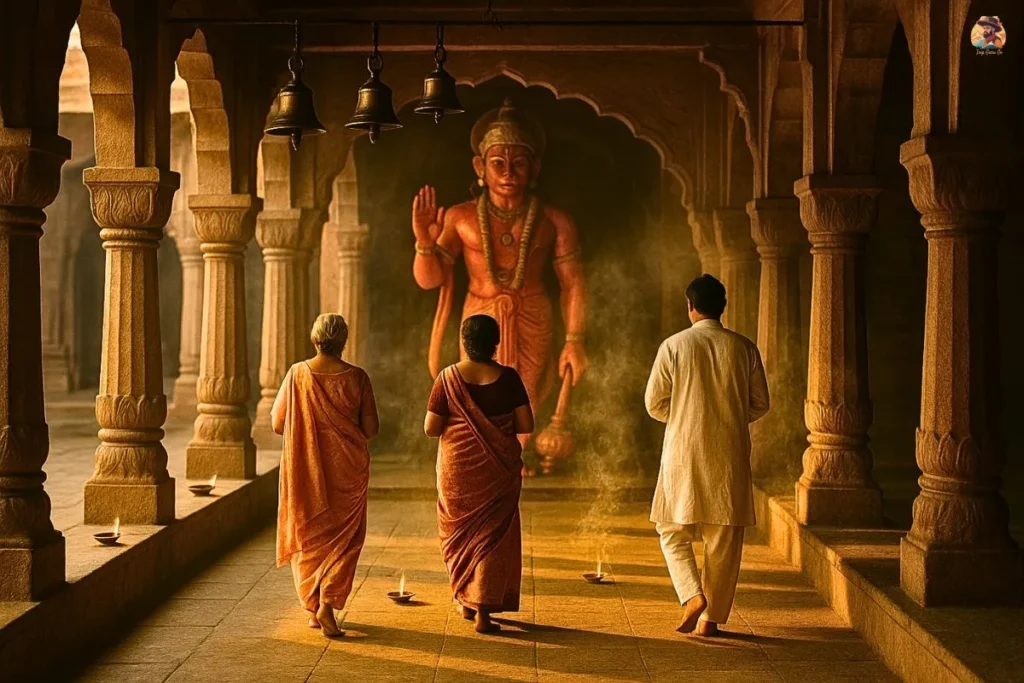 Devotees walking toward Hanuman ji for peaceful morning darshan