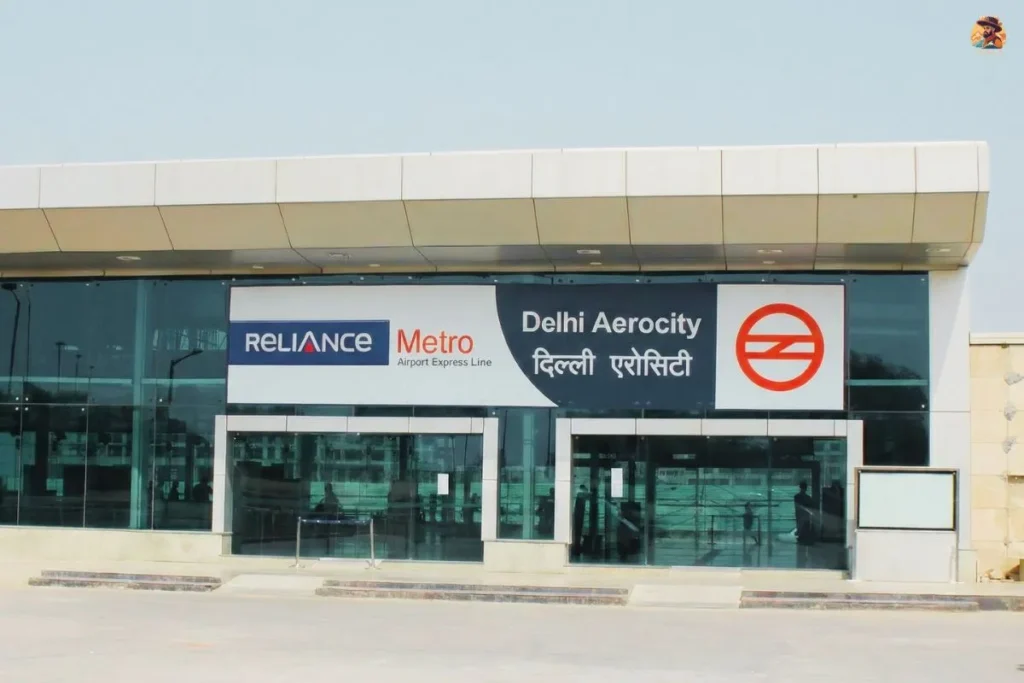 Aerocity Metro Station exit view with the direction signboard for the temple route.