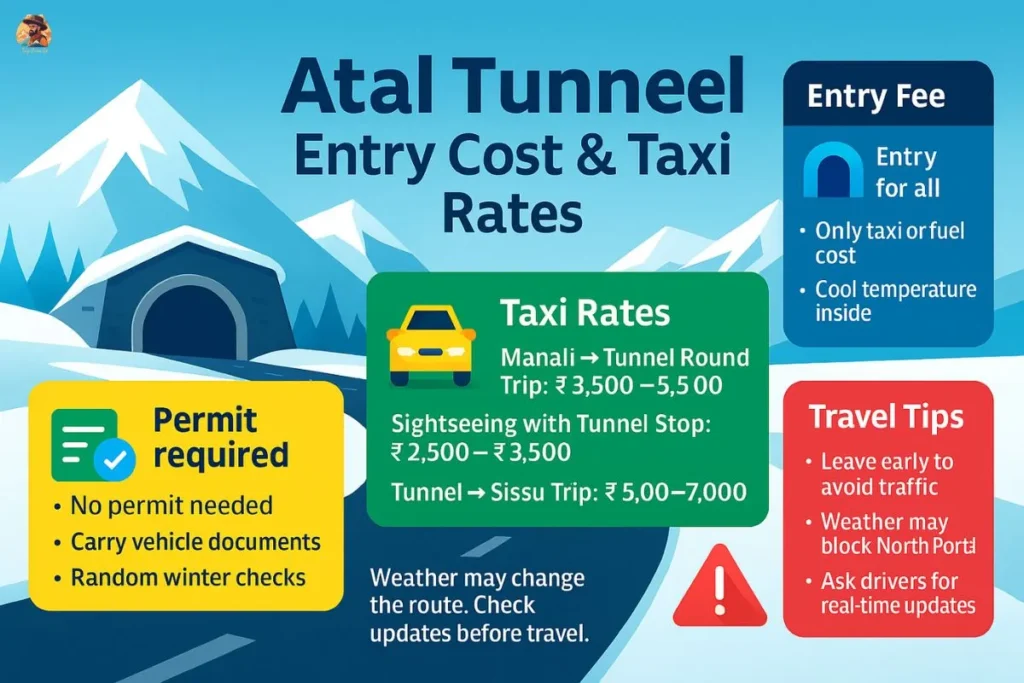 Atal Tunnel entry cost, taxi rates, permit details infographic with colorful icons