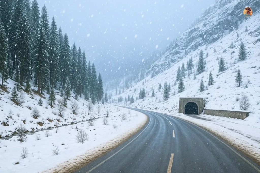 Snowfall in Solang Valley near Atal Tunnel during peak winter with snow-covered road and pine trees.