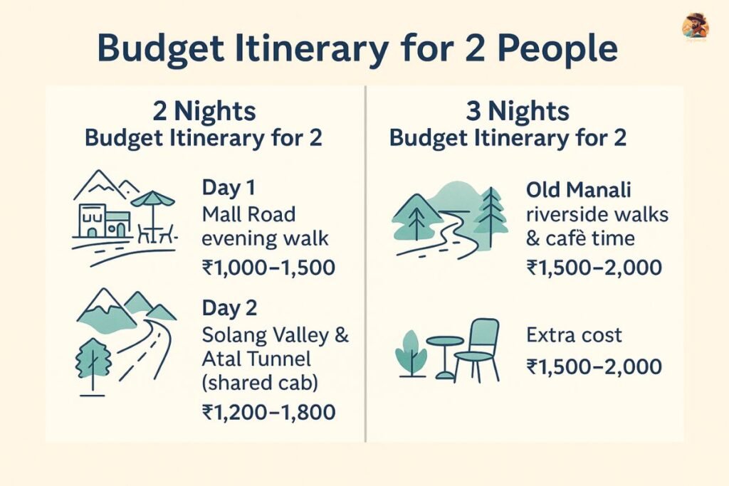 Budget Manali itinerary for 2 people showing 2 night and 3 night cost breakdown