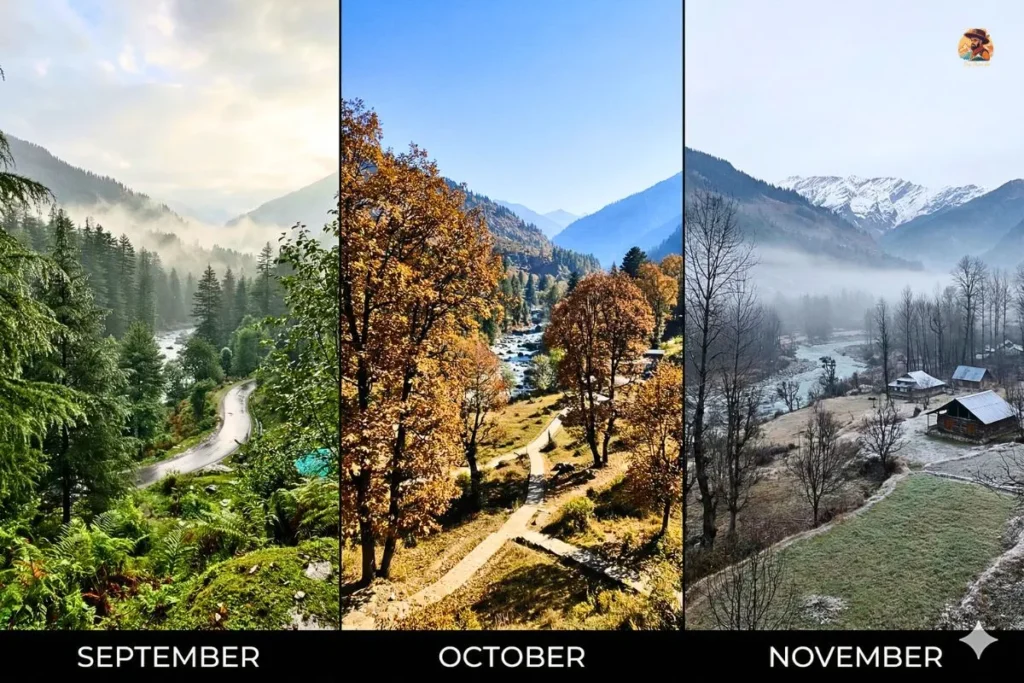 Manali month-wise comparison of September green, October autumn, and November early winter.