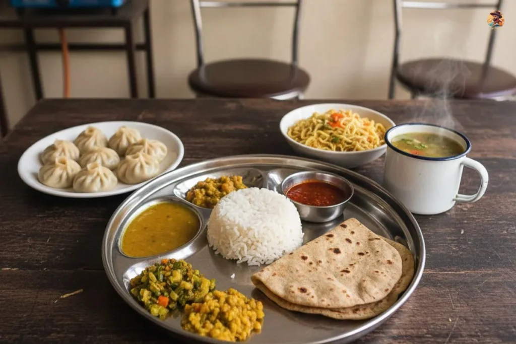 Budget Manali dhaba meal with thali, momos, maggi, and hot soup