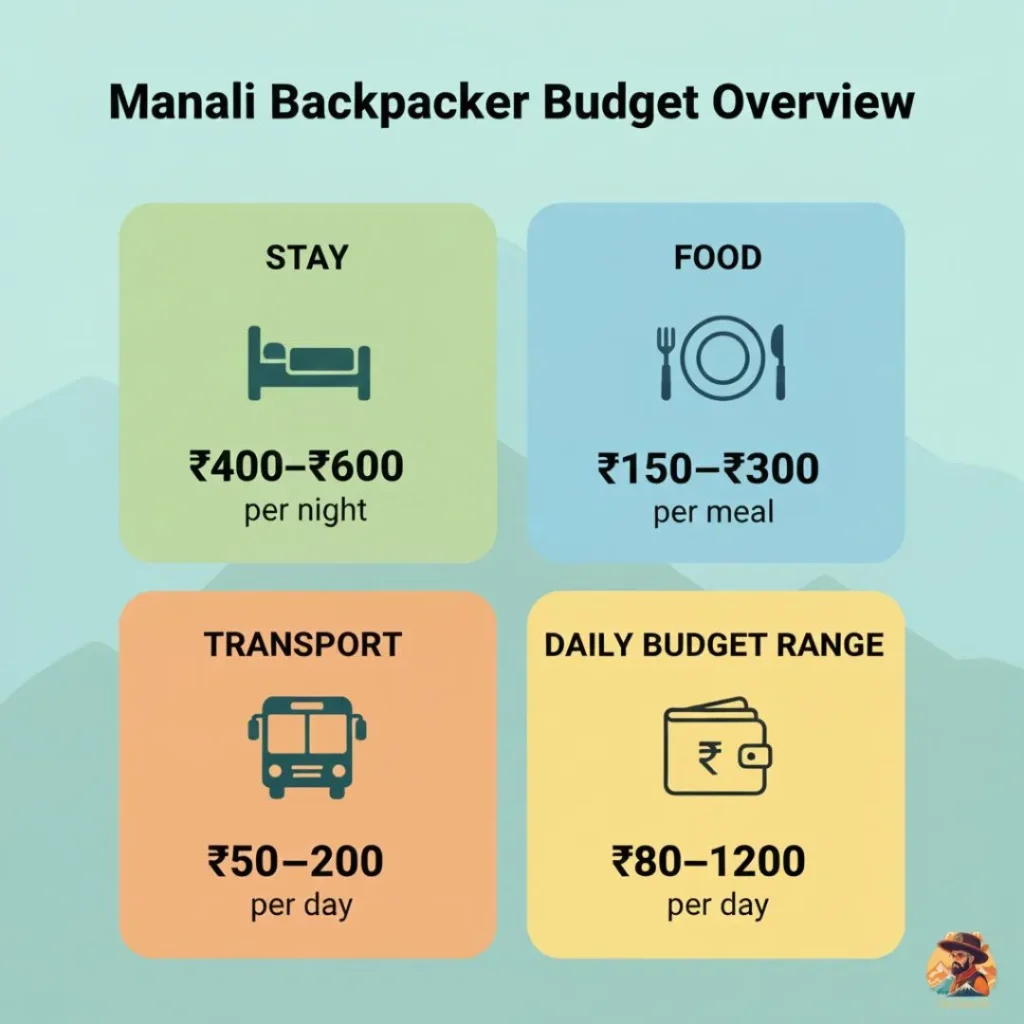 Manali backpacker budget infographic showing stay, food, transport, and daily cost