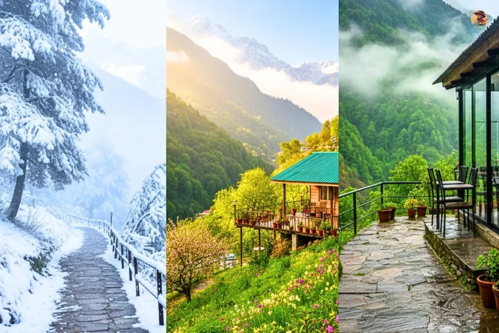 Manali landscape showing winter, spring, and monsoon budget travel seasons