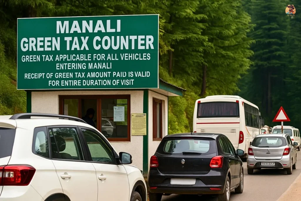 Manali green tax counter with vehicles waiting at the entry checkpoint