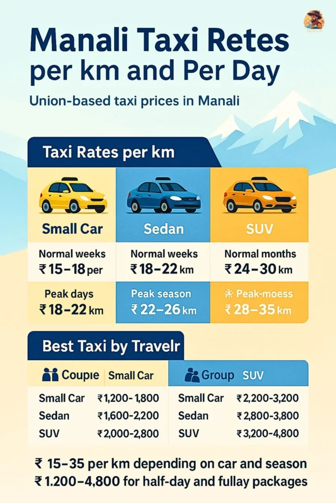 Manali taxi rates per km and per day infographic