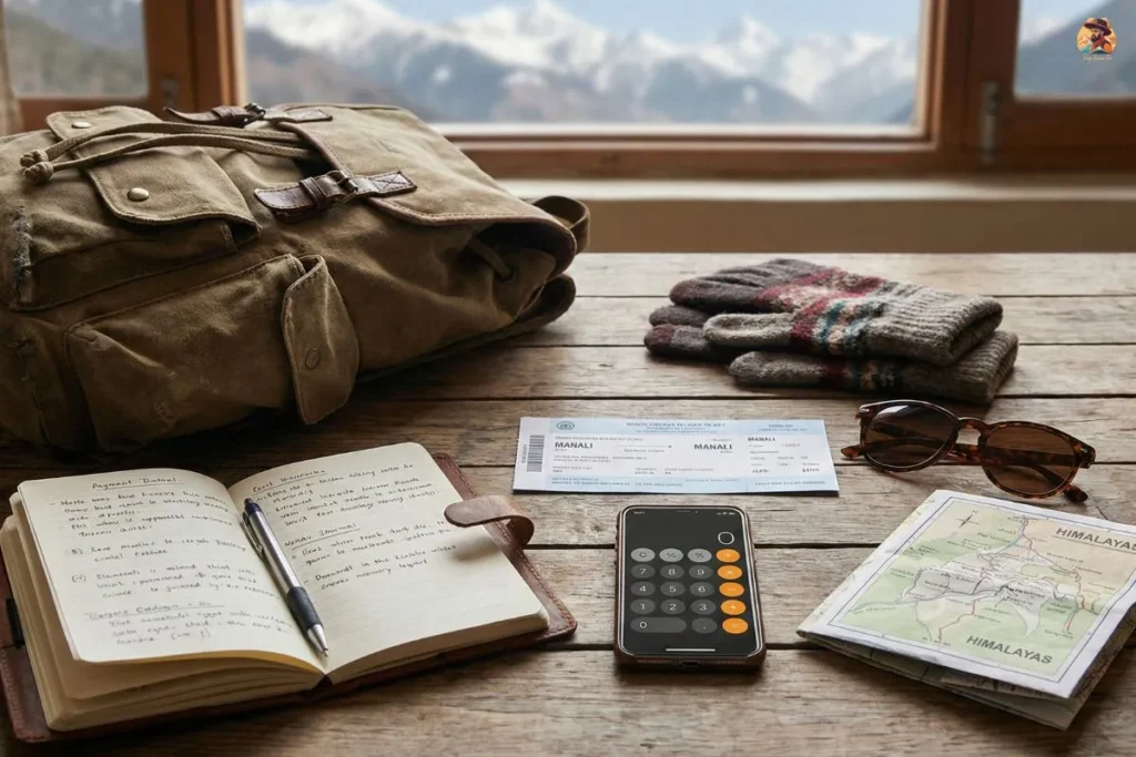 Manali trip cost planning flatlay