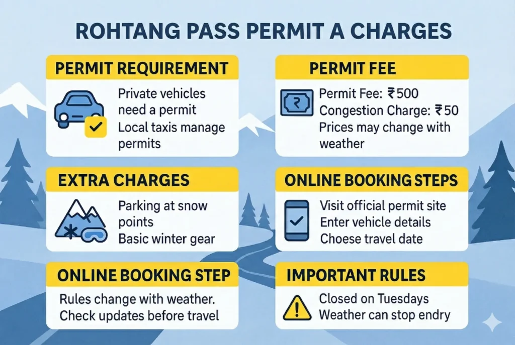 Rohtang Pass permit and charges infographic showing fees, rules, booking steps, and extra costs