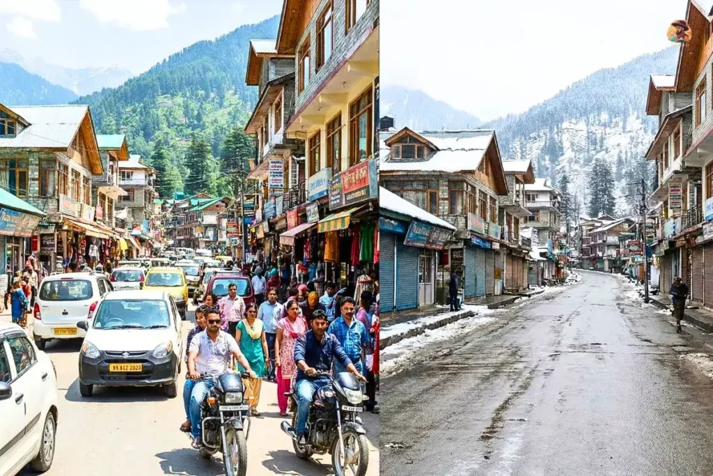Why budget travelers should know the cheapest season to visit Manali, crowded vs off-season split view.