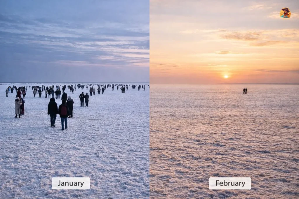 Best time to visit Rann of Kutch showing January crowds and calmer February desert scene