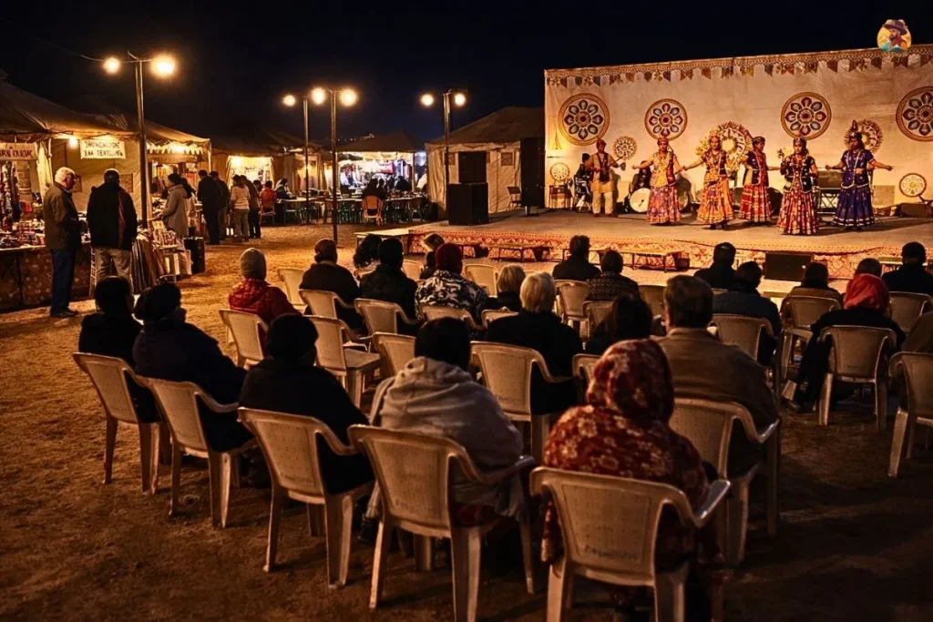 Cultural performances and handicraft area at Rann Utsav with calm evening atmosphere