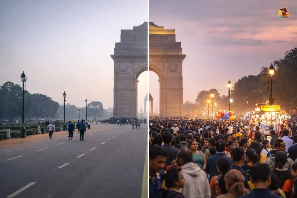 India Gate crowd difference between morning and evening hours