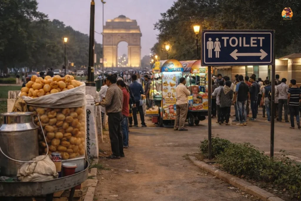 Street food vendors and public toilet near India Gate in Delhi