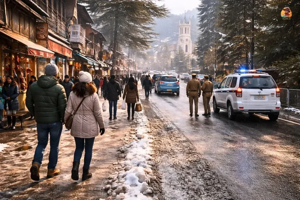 Shimla Mall Road in January showing calm crowds, police presence, and manageable winter conditions
