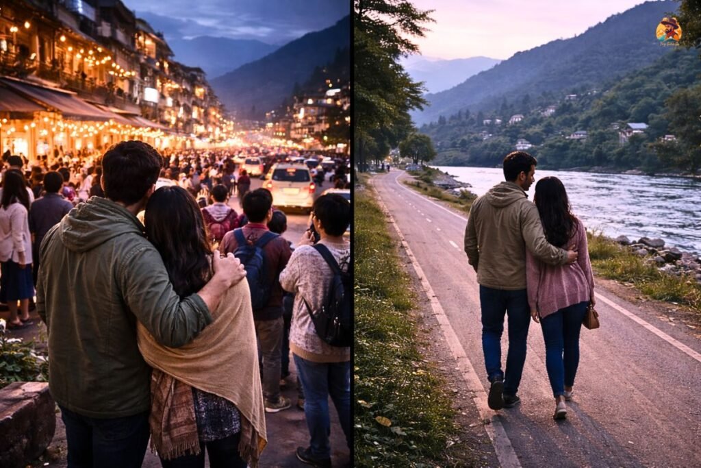 Kullu vs Manali for couples showing crowded Manali and quiet Kullu
