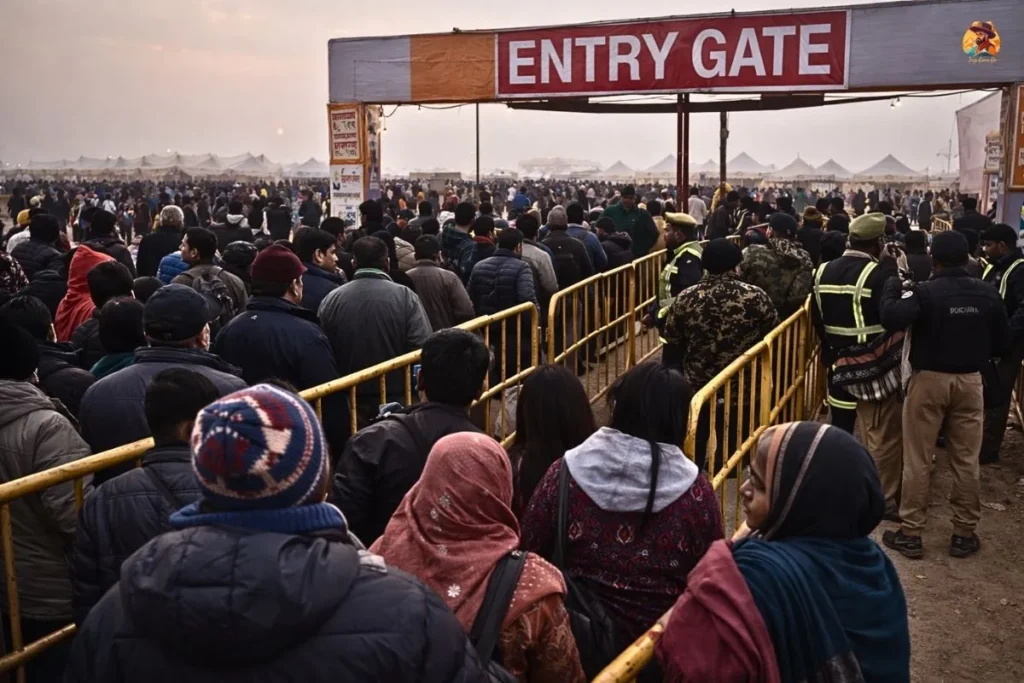 Crowded entry gate at Rann of Kutch Festival 2026 with security and long waiting lines