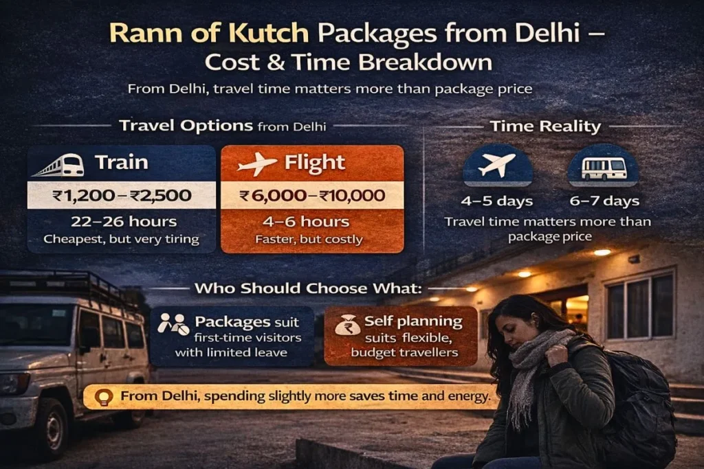 Rann of Kutch packages from Delhi showing train and flight cost with travel time