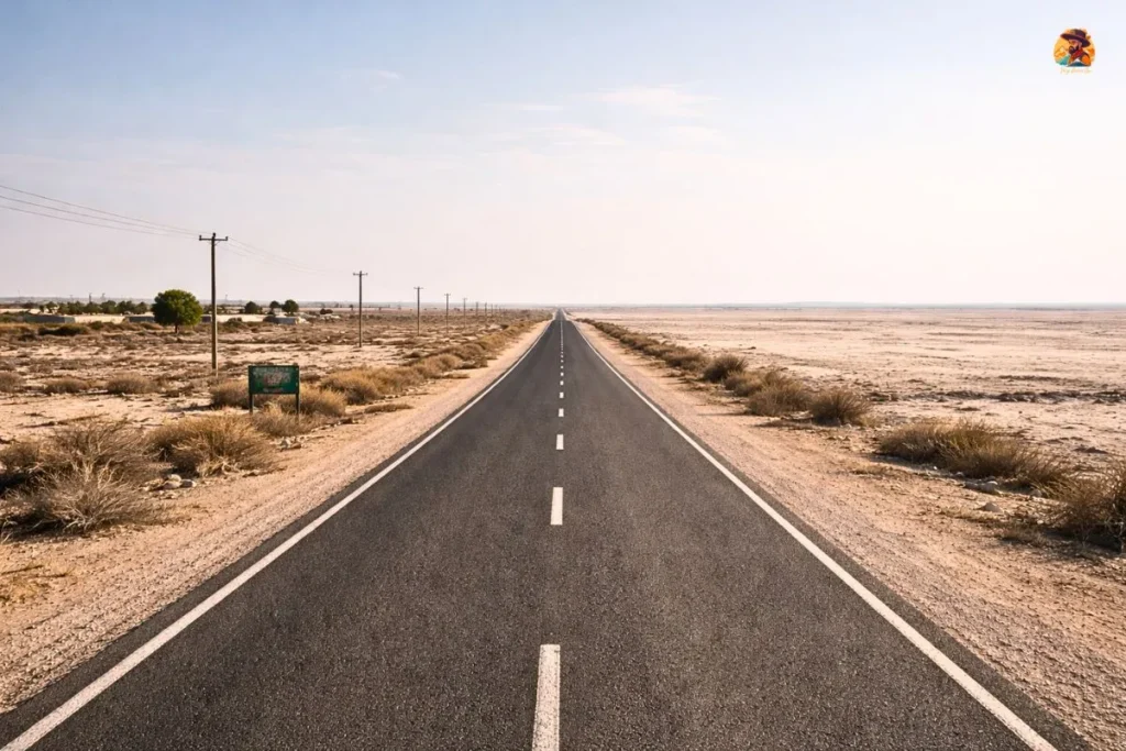 Remote desert road after Bhuj showing last-mile travel toward the Rann of Kutch
