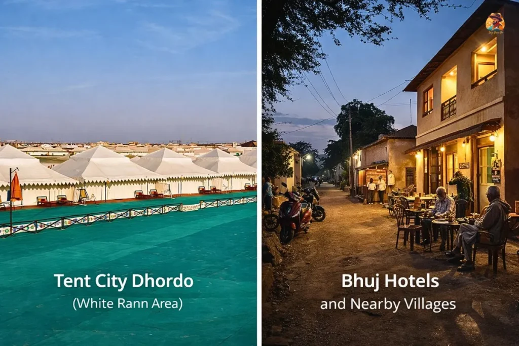 Rann of Kutch stay options showing Tent City Dhordo and Bhuj hotels with nearby village stays