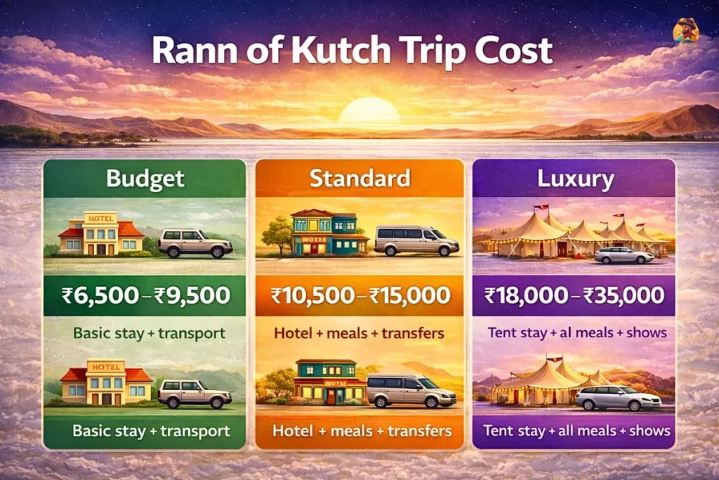 Rann of Kutch trip cost breakdown showing budget, standard, and luxury packages