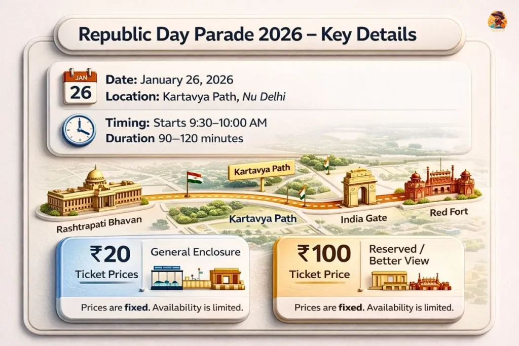 showing Republic Day Parade 2026 route, timing, and ticket prices at Kartavya Path
